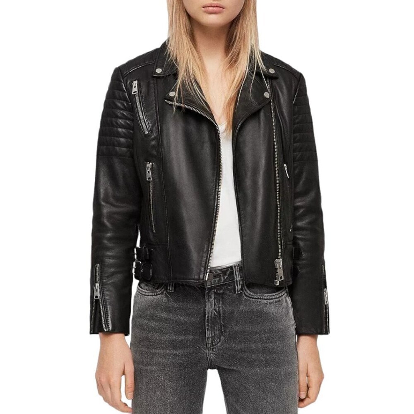 Nwt Allsaints Papin Leather Bike Jacket Notched Lapel Quilted Shoulders Zip Sz 0
